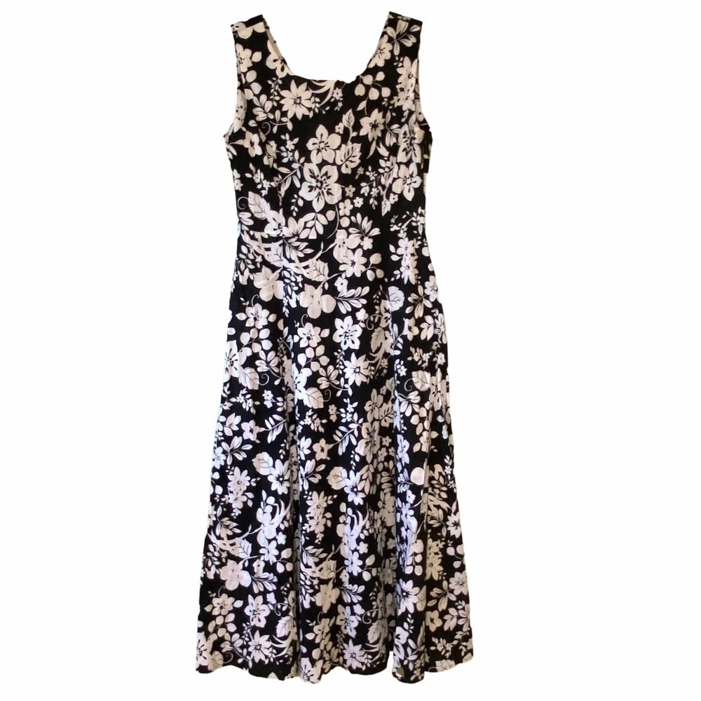 Vintage Floral Hawaiian Sleeveless Maxi Dress Black & White Sz 8